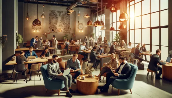 Image depicting the modern indie dev/makers & creators culture, in a co-working space